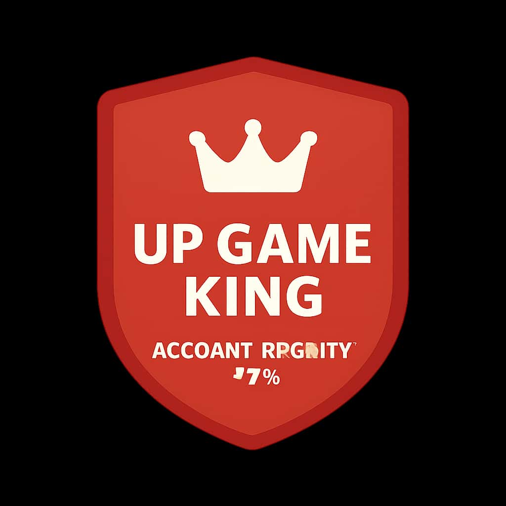 A badge illustrating Up Game King Account Security tips with design accents.